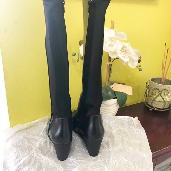 NWOTB Black Leather Long Wedge Boots - Picture 5 of 6